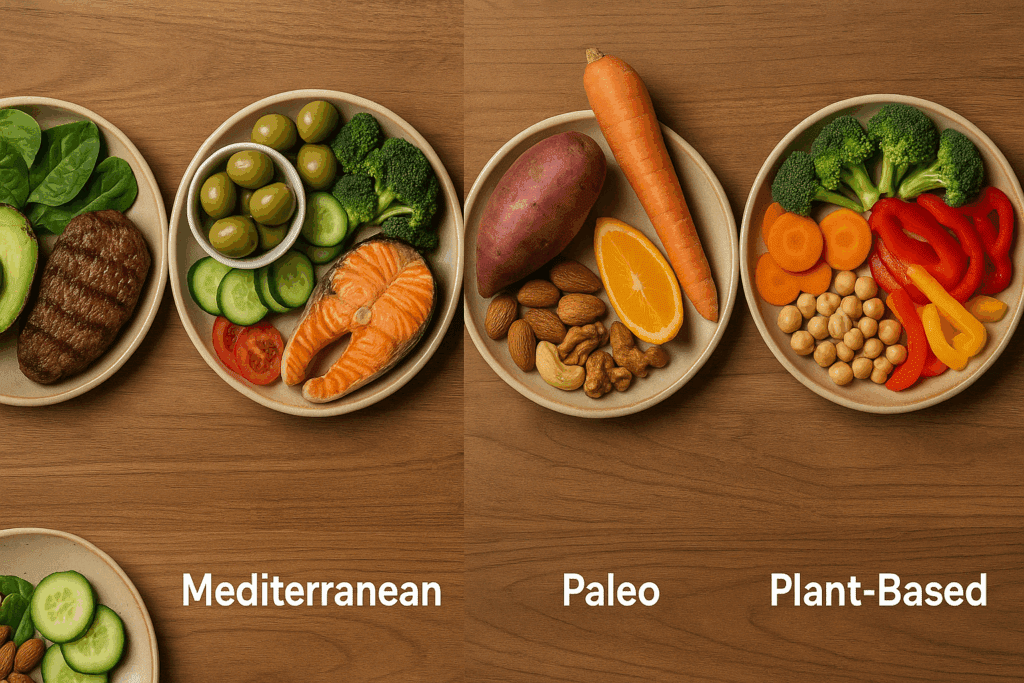 A Doctor’s Guide to the Most Common Diets: What the Top Diet Name List Reveals About Plant-Based Health 2 Top-view of varied plates representing different eating patterns from the diet name list, including keto, Mediterranean, and plant-based