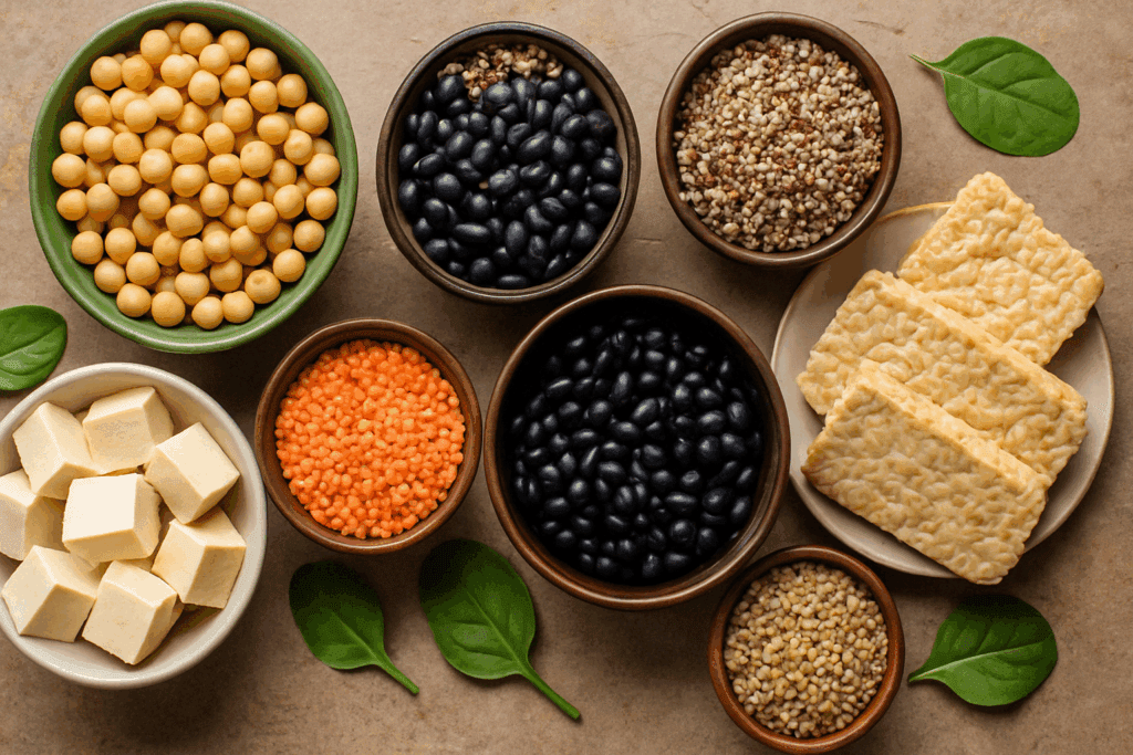 Best Plant-Based Eating Habits for a Healthy Diet in Senior Vegetarian Men: How a Veggie-Heavy Diet Supports Aging Well 2 High-protein vegetarian foods like legumes and tofu arranged to show the Best Plant-Based Eating Habits for a Healthy Diet in Senior Vegetarian Men