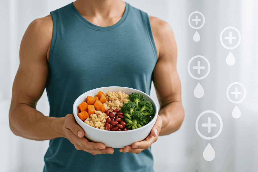 What the Latest Healthy Food Articles Reveal About Plant-Based Diets and Long-Term Wellness 2 Person holding plant-based bowl with glucose icons, illustrating healthy food articles on metabolic health benefi