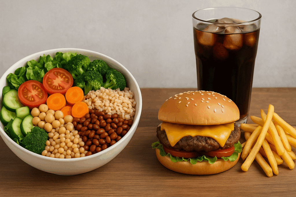 How to Lose Weight on a Vegan Diet: Science-Backed Tips, Meal Plans, and Foods That Support Healthy Fat Loss 2 Plate of leafy greens, tofu, quinoa, and lentils next to fitness accessories, demonstrating how to lose weight on a vegan diet through nutrient-dense meals.