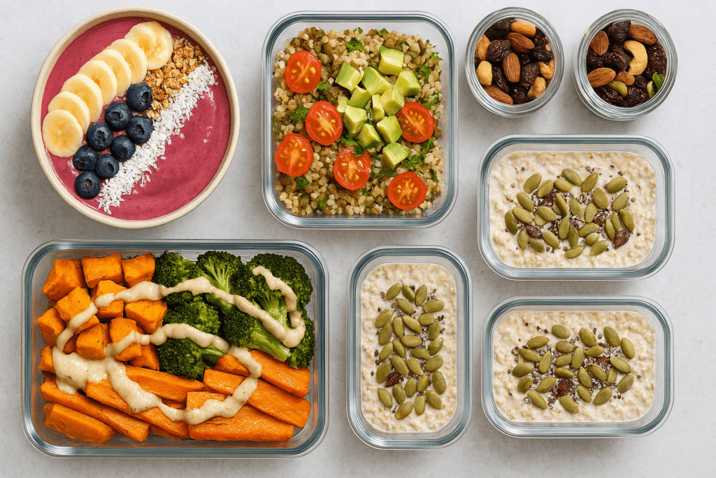 High Calorie Foods for Weight Loss: How Plant-Based Choices Can Help You Gain Healthfully 3 "Flat lay of nutrient-rich high calorie foods for weight loss including dates, almond butter, quinoa, and coconut cream"