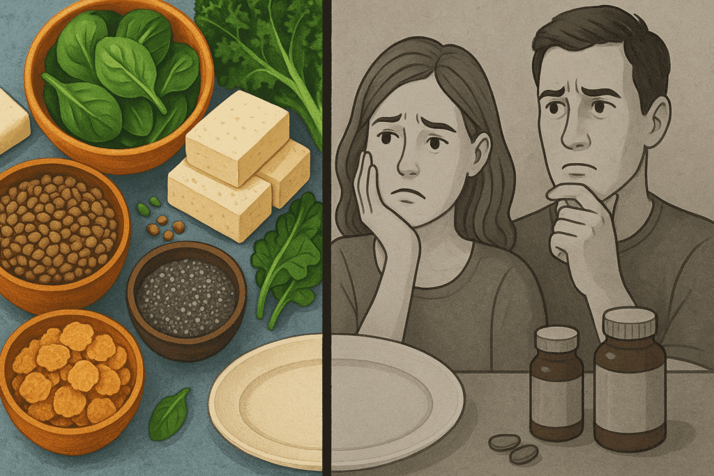 Vegetarian Diet Pros and Cons: Expert Insights into the Health Benefits and Potential Drawbacks of Going Plant-Based 2 Visual contrast between nutrient-rich vegetarian foods and supplement needs representing nutritional risks in vegetarian diet pros and cons