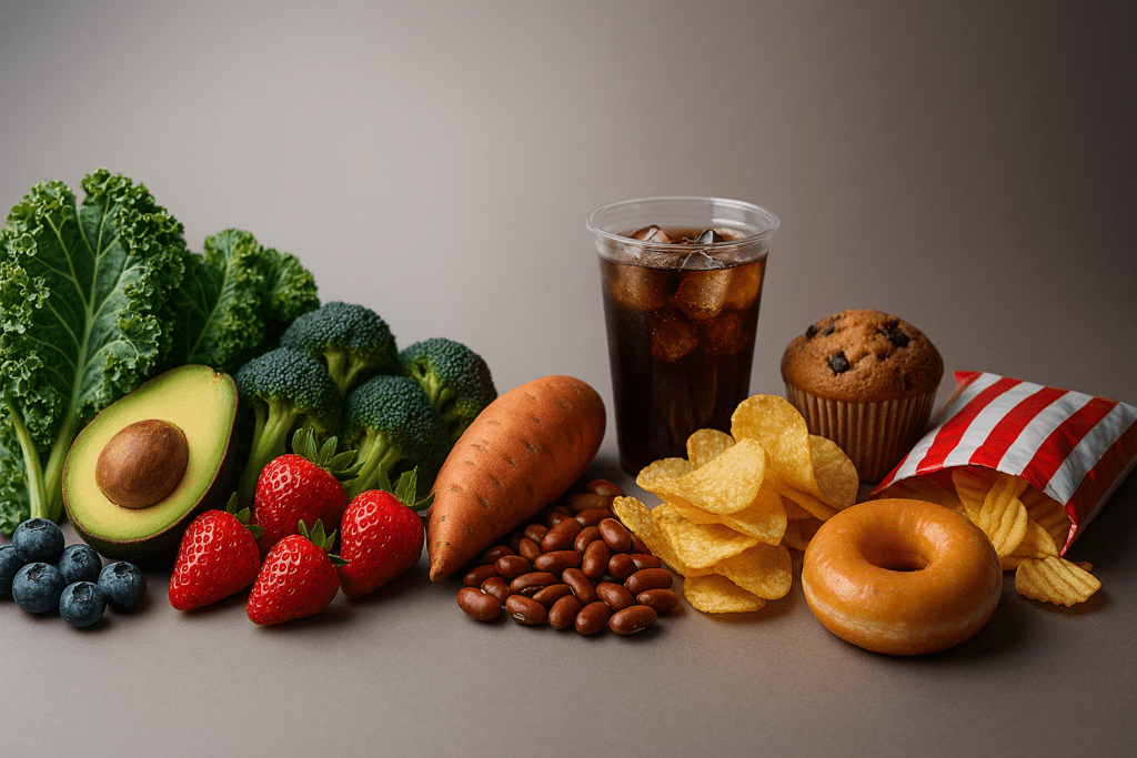Plant Based Diet vs Standard American Diet: What the Latest Studies Reveal About Long-Term Health Outcomes 2 Visual gradient of nutrient-dense plant foods fading into ultra-processed SAD foods, showing plant based diet vs Standard American Diet