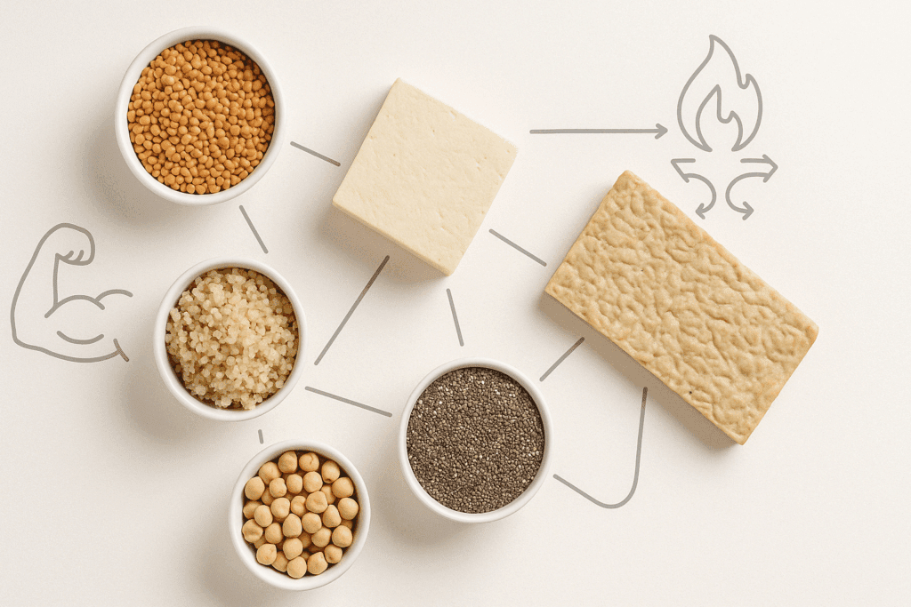 Assorted vegetarian protein sources like lentils, tofu, and chia seeds illustrating a high protein vegetarian diet for weight loss