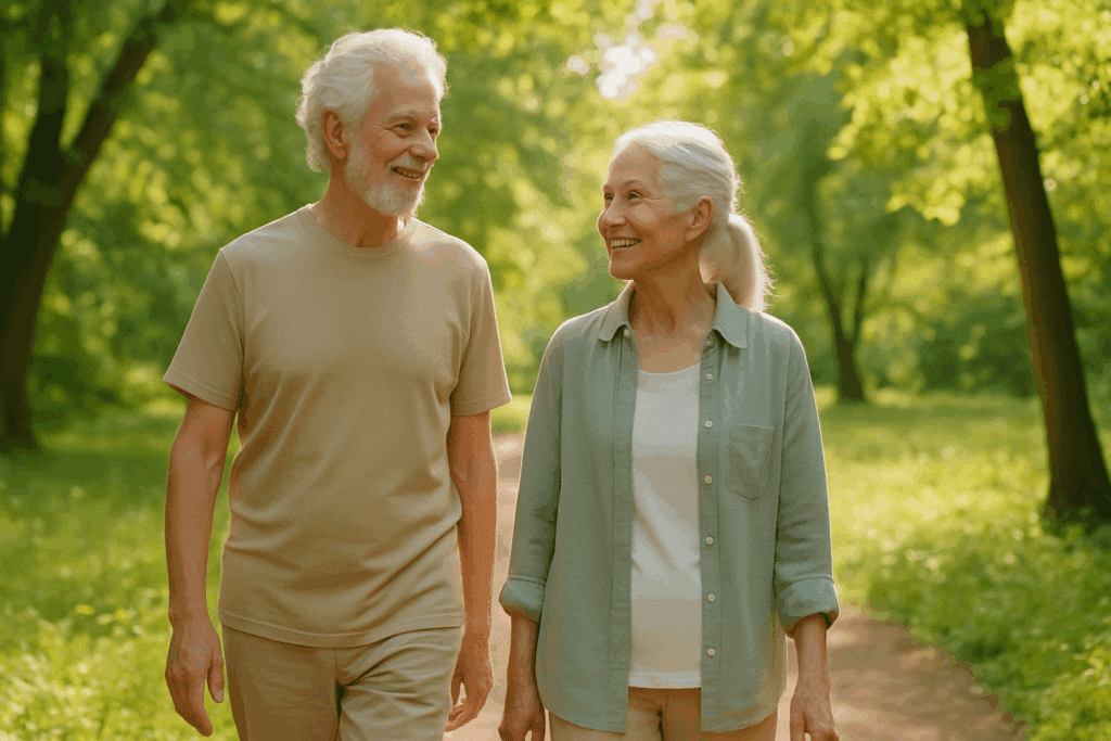 Vegetarian vs Non Vegetarian: What Science Says About Health, Nutrition, and Longevity 2 Active elderly couple walking outdoors, representing health and longevity benefits in the vegetarian vs non vegetarian lifestyle.