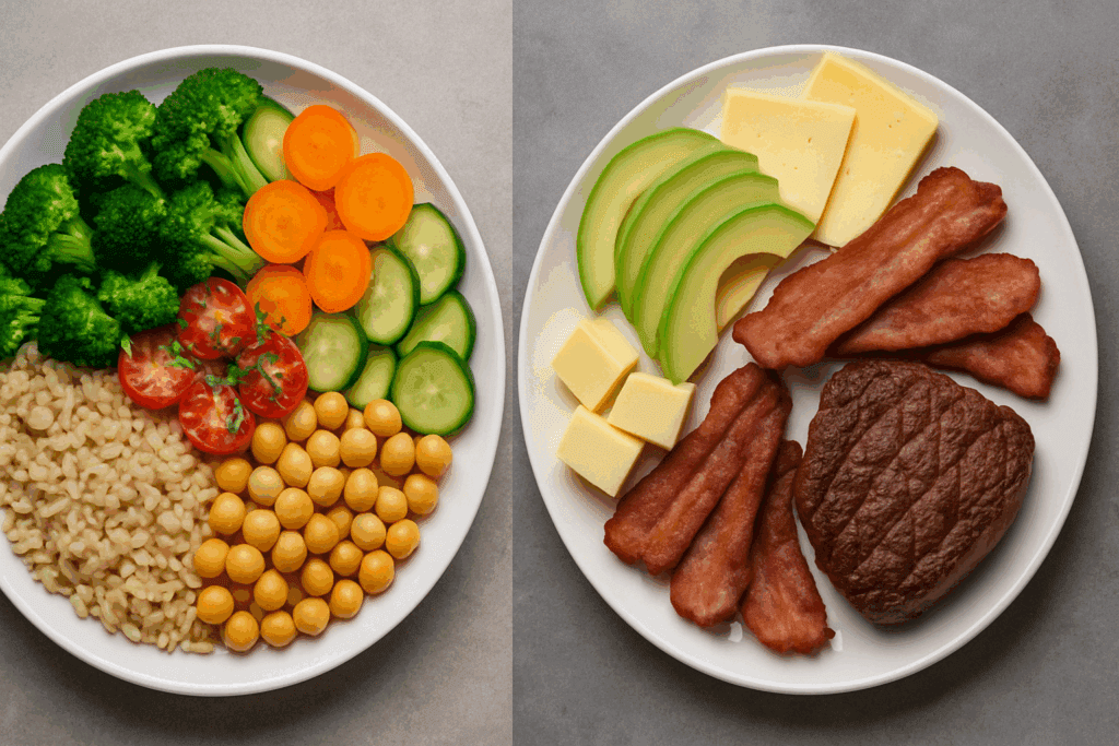 Can Vegetables Make You Fat? What Science Says About Veggies, Calories, and Weight Gain 2 "Side-by-side comparison of a vegetable-rich plant-based meal and a keto high-fat meal, highlighting the differences between plant-based diets and keto diets and answering the question, 'can vegetables make you fat?'