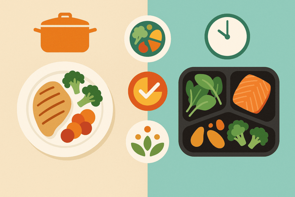 Are Meal Delivery Services Worth It? How the Best Prepared Food Delivery Options Support a Healthier, Stress-Free Lifestyle 2 "Infographic comparing traditional home-cooked meals with prepared meal delivery services, highlighting nutrition, time saved, and convenience—are meal delivery services worth it?"
