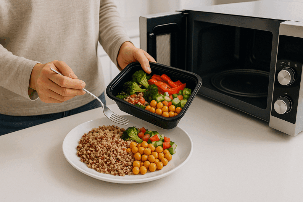 Mediterranean Made Easy: Best Prepared Mediterranean Meals and Meal Kits for a Healthier Lifestyle 2 Chef plating a quinoa and chickpea dish from the best Mediterranean prepared meal delivery service in a modern kitchen.