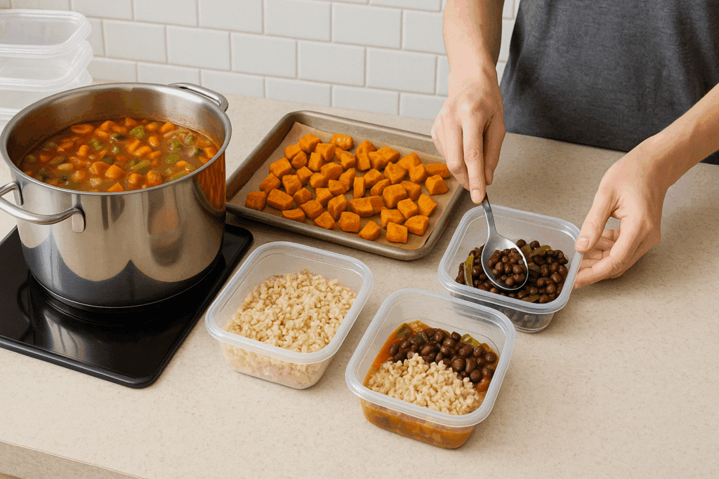 Smart and Simple: Healthy Inexpensive Meal Prep Ideas to Eat Well on a Budget 2 Simple kitchen scene showing batch-cooked lentils, sweet potatoes, and brown rice as part of healthy inexpensive meal prep