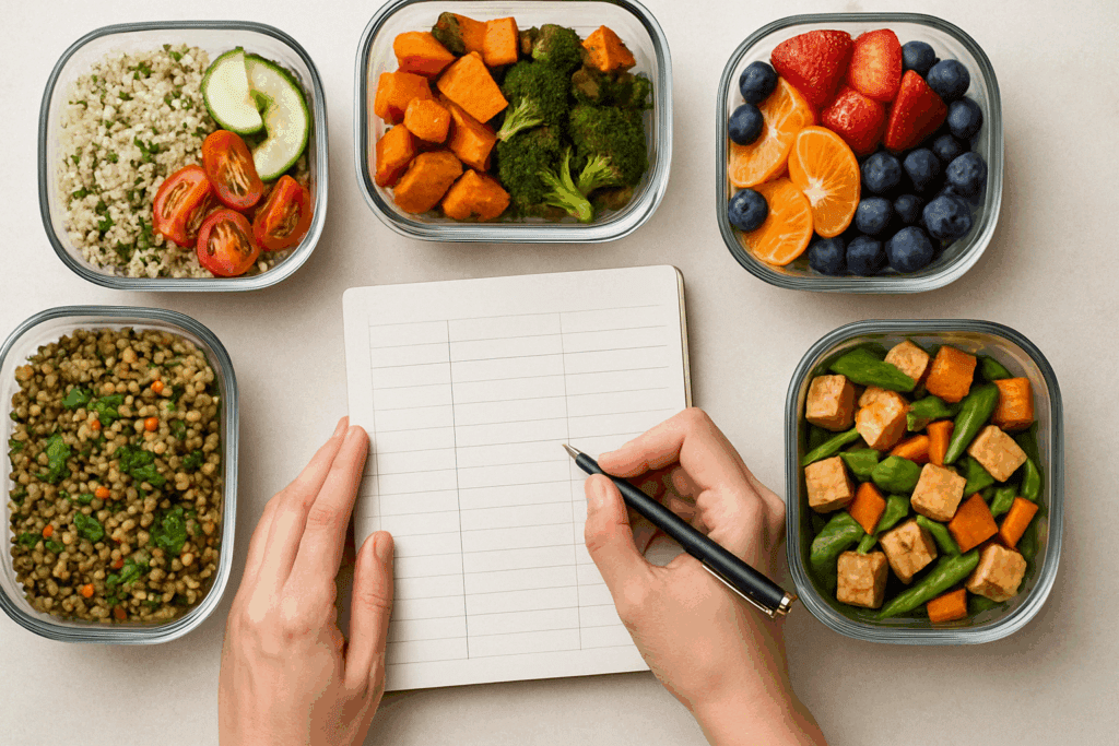 Clean Eating Meal Plan for Real Results: Weekly Strategies for a Healthier Lifestyle 2 Person planning a clean eating meal plan on paper surrounded by healthy prepped meals and whole food ingredients