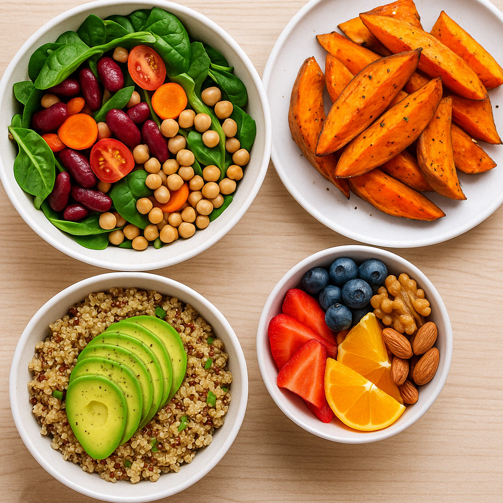 Cutting Back Eating the Smart Way: How to Reduce Calories Without Sacrificing Satisfaction or Health 2 Colorful whole-food plant-based dishes showing how nutrient-dense meals support cutting back eating without hunger