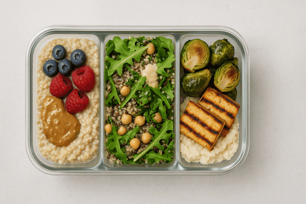 What to Eat While Cutting: Science-Backed Meal Plans to Support Fat Loss and a Healthier Lifestyle 2 Prepared meals with oats, chickpea salad, and tofu dinner showcasing what to eat while cutting to stay satisfied