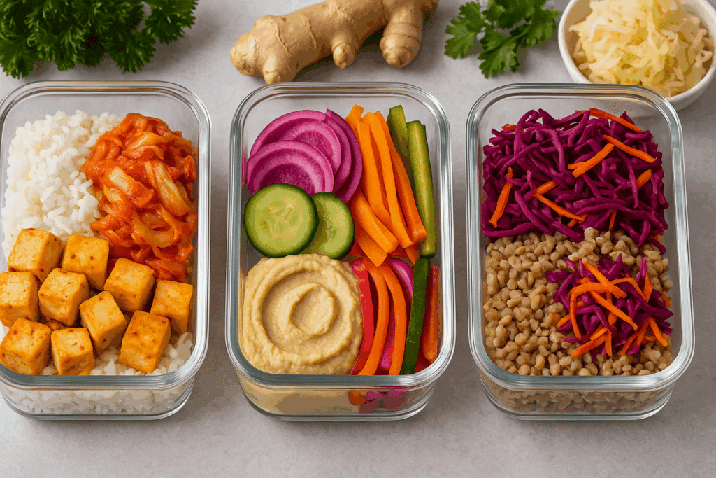 Smart & Satisfying: Healthy Make Ahead Lunches for Work That Support Energy, Focus, and Wellness All Week 2 Meal prep scene showing ingredients for healthy make ahead lunches for work, including quinoa, sweet potatoes, and chickpeas.