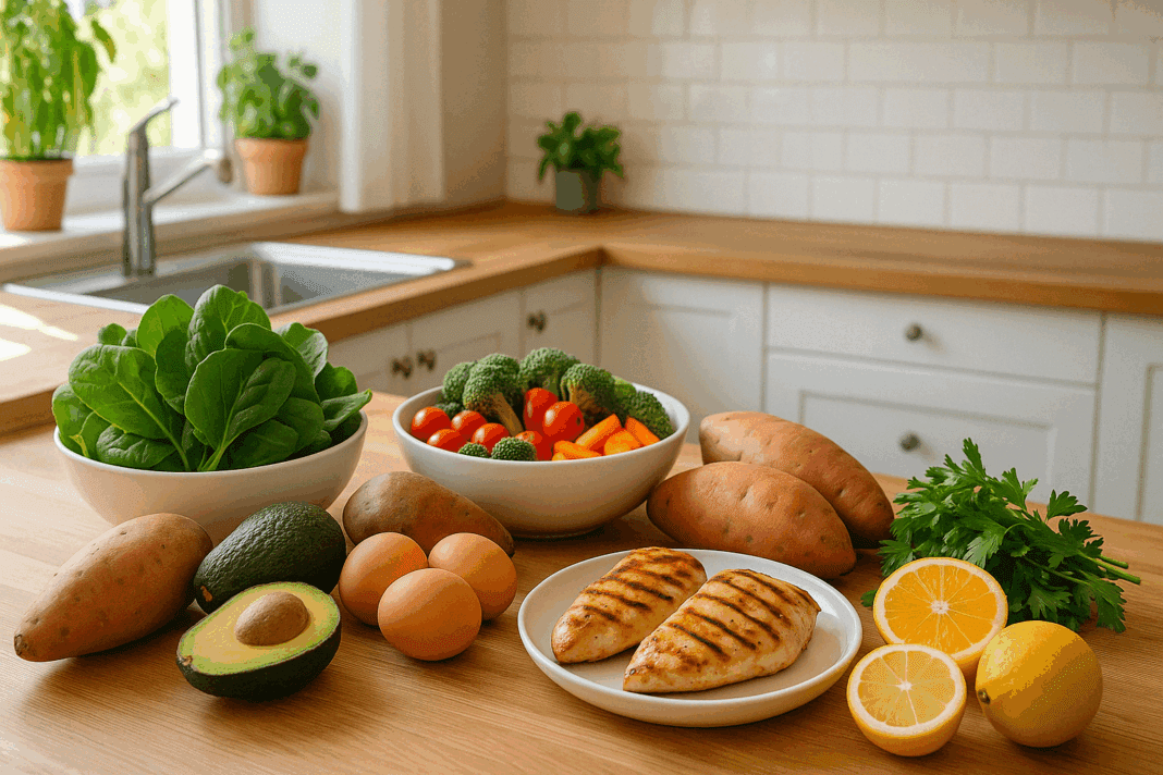 Fresh whole foods on a wooden kitchen counter with grilled chicken, sweet potatoes, eggs, avocado, and citrus fruits for a 30-Day Diet Challenge.
