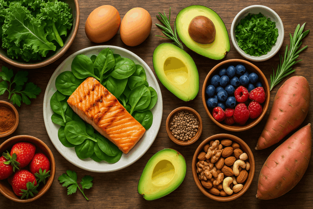 30-Day Diet Challenge Made Simple: Whole Thirty Approved Foods, Smart Meal Plans, and Expert Tips for Sustainable Results 2 Whole30-approved foods like grilled salmon, avocado, eggs, berries, and leafy greens arranged for a 30-Day Diet Challenge