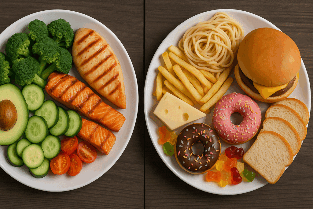30-Day Diet Challenge Made Simple: Whole Thirty Approved Foods, Smart Meal Plans, and Expert Tips for Sustainable Results 3 Split-screen plate comparison illustrating clean Whole30 foods vs. processed foods restricted in a 30-Day Diet Challenge