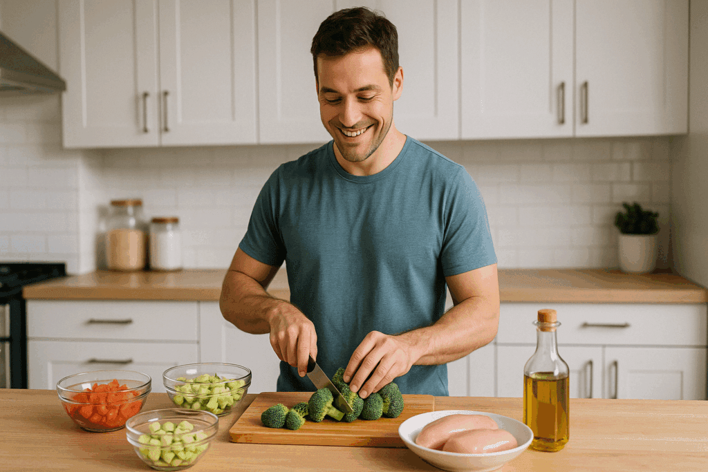 30-Day Diet Challenge Made Simple: Whole Thirty Approved Foods, Smart Meal Plans, and Expert Tips for Sustainable Results 5 Man preparing a healthy meal with fresh vegetables and chicken during his 30-Day Diet Challenge in a modern kitchen.