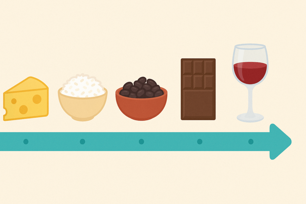 30-Day Diet Challenge Made Simple: Whole Thirty Approved Foods, Smart Meal Plans, and Expert Tips for Sustainable Results 6 Step-by-step visual timeline of food reintroduction after the 30-Day Diet Challenge, featuring cheese, rice, beans, chocolate, and wine.