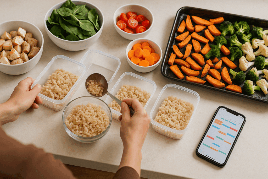 Smart & Satisfying: Healthy Make Ahead Lunches for Work That Support Energy, Focus, and Wellness All Week 3 Nutritious bento-style healthy make ahead lunches for work with fresh greens, falafel, and yogurt dressing on a wooden table.