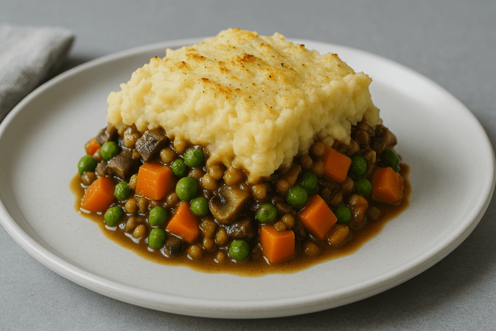 Hearty Vegetarian Entrees That Nourish: Expert-Backed Recipes for Delicious, Healthy Plant-Based Meals 3 A digital photograph showcases a serving of plant-based shepherd’s pie on a white ceramic plate, with a golden mashed potato topping over a rich vegetable and legume filling. Captured under cool clinical lighting against a neutral backdrop, the image emphasizes the dish’s comforting textures and visual appeal, ideal for highlighting hearty vegetarian entrees in healthy recipe features.