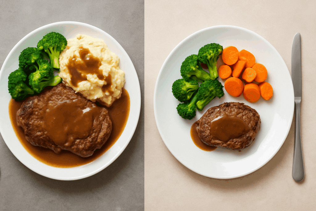 Is a Monthly Meal Subscription Worth It? What to Know About Nutrition, Portion Control, and the Best Meal Kit Deals 3 Side-by-side comparison of restaurant-sized meal and properly portioned meal from a monthly meal subscription kit.