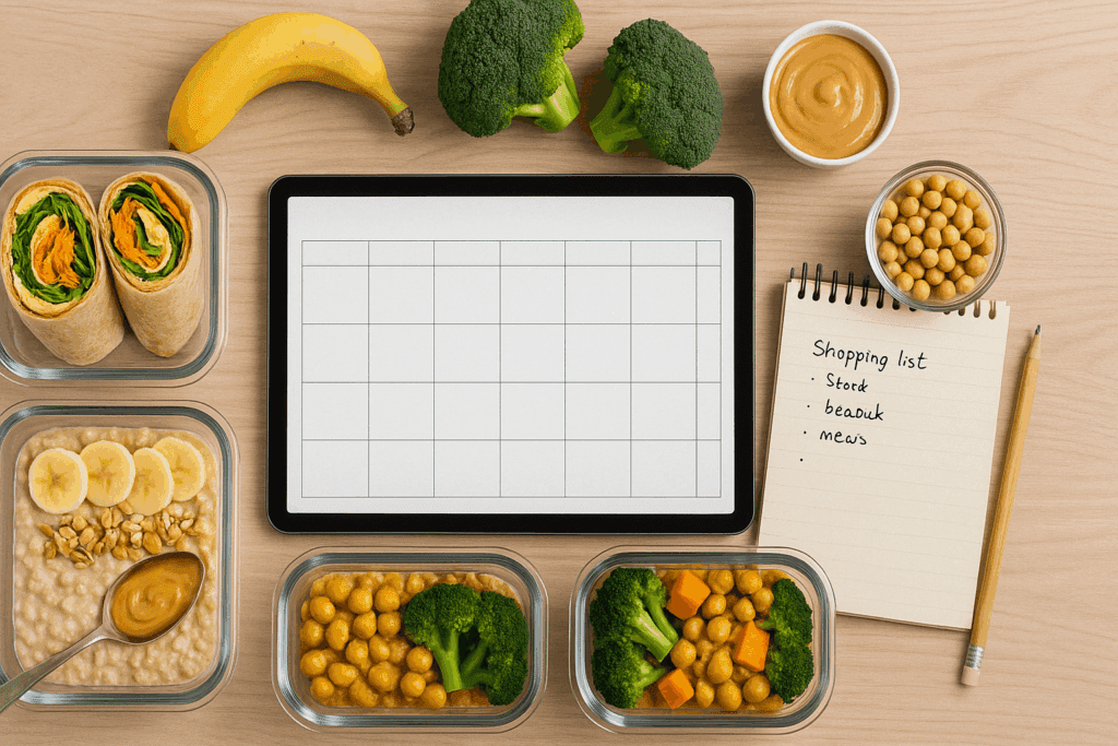 Smart Meal Prep for Weight Gain: Healthy, Calorie-Dense Recipes to Build Strength and Support Wellness 3 Flat-lay of calorie-dense ingredients like olive oil, tahini, and dried fruits used in smart meal prep for weight gain