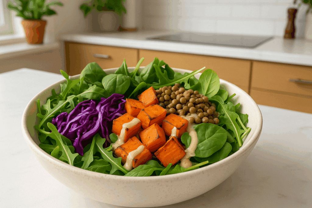 What I Ate Every Day to Lose Weight: A Whole-Food, Plant-Based Approach Backed by Science 3 "Lunch spread with grilled vegetables, quinoa, and greens demonstrating What I Ate Every Day to Lose Weight."