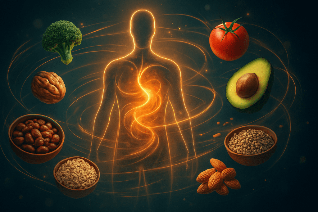 High Calorie Foods for Weight Loss: How Plant-Based Choices Can Help You Gain Healthfully 5 "Conceptual image of human metabolism surrounded by high calorie foods for weight loss like seeds, grains, and healthy fats"