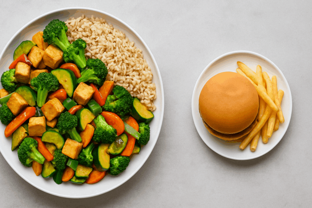 Smart and Satisfying: Easy Healthy Meals for Weight Loss That Make Dinner Delicious and Nutritious 3 Large plate of veggie stir-fry beside small processed meal showing volume in easy healthy meals for weight loss
