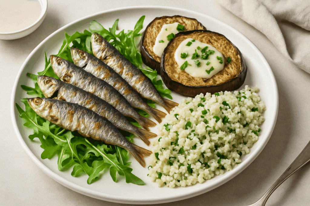 Most Efficient Weight Loss Strategies Backed by Science: Which Is Better for Weight Loss and How to Stay on Track Naturally 5 Grilled sardines, arugula, and roasted eggplant served as a low-carb option for the most efficient weight loss results