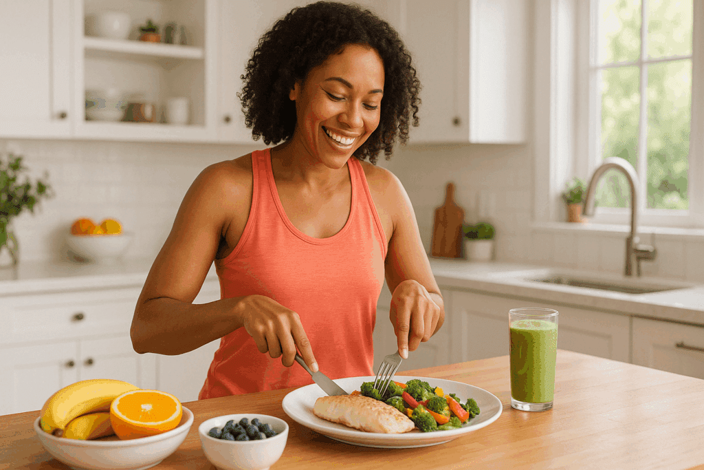 Is the Pescatarian Diet Healthy? Benefits, Risks, and What Pescatarians Actually Eat 3 Woman preparing a light pescatarian diet lunch with grilled fish, vegetables, and fruit in a bright modern kitchen