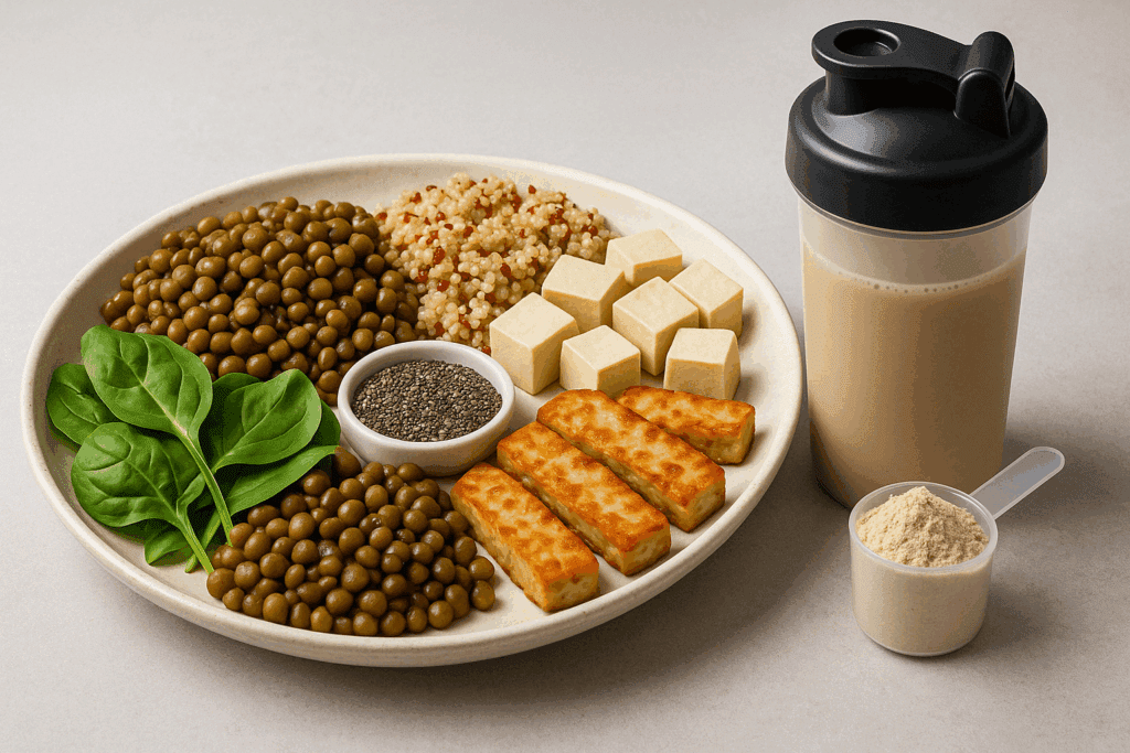 Vegan Athlete Diet Meal Plan for Peak Performance and Recovery 3 Plant-based protein sources like lentils, tofu, and quinoa arranged as part of a balanced vegan athlete diet meal plan.