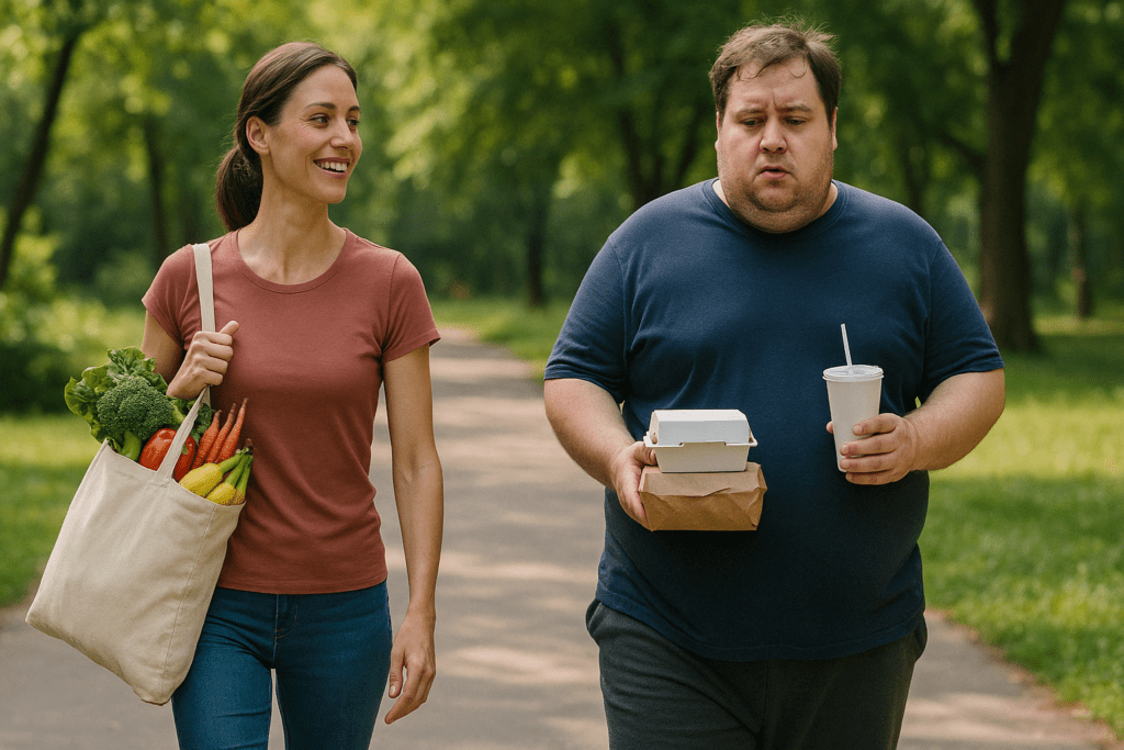 Plant Based Diet vs Standard American Diet: What the Latest Studies Reveal About Long-Term Health Outcomes 3 Healthy individual with plant-based groceries beside person holding fast food, representing weight outcomes in plant based diet vs Standard American Diet