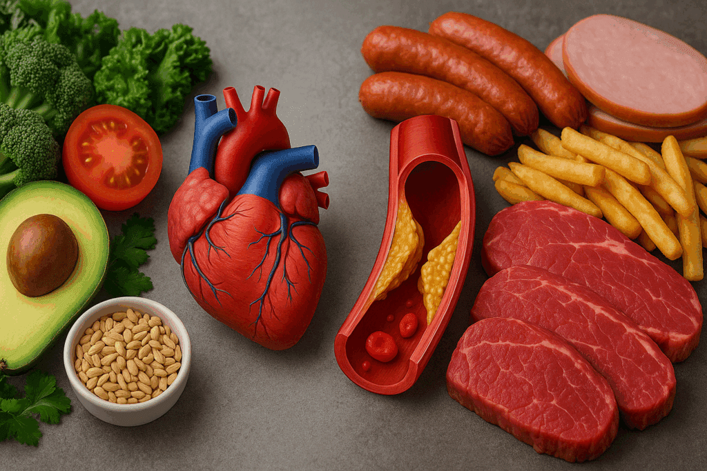 Vegetarian vs Non Vegetarian: What Science Says About Health, Nutrition, and Longevity 3 Visual comparison of heart health risks associated with vegetarian vs non vegetarian diets, showing artery health and food types.