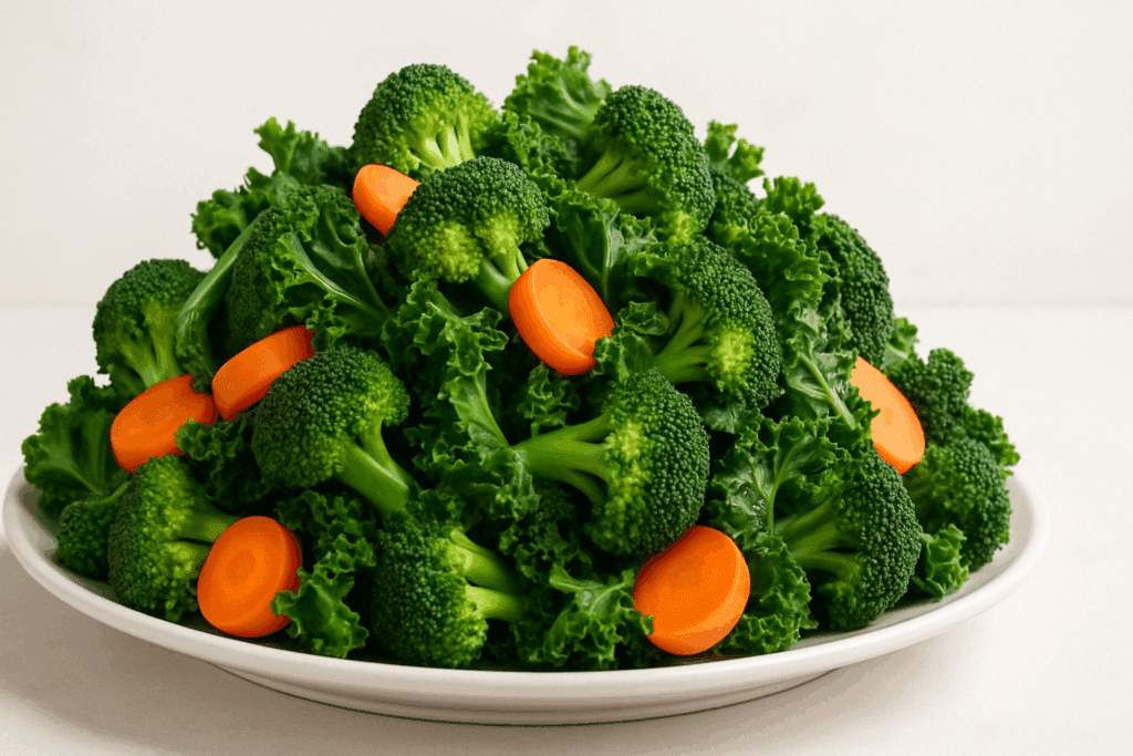 Can Vegetables Make You Fat? What Science Says About Veggies, Calories, and Weight Gain 3 "Plate of steamed vegetables such as broccoli, kale, and carrots, visually showing how vegetables promote satiety and help with weight management, addressing the concern of 'can vegetables make you fat.'"
