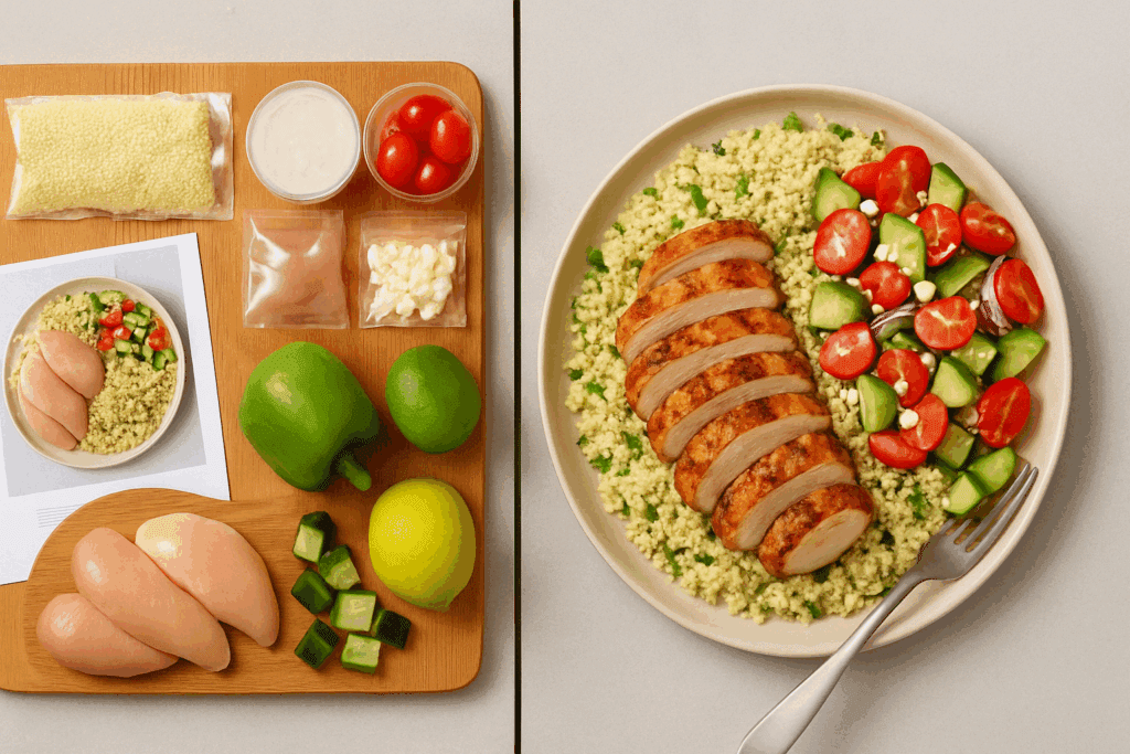 Mediterranean Made Easy: Best Prepared Mediterranean Meals and Meal Kits for a Healthier Lifestyle 3 Side-by-side view of a meal kit and fully prepared plate from the best Mediterranean prepared meal delivery provider.