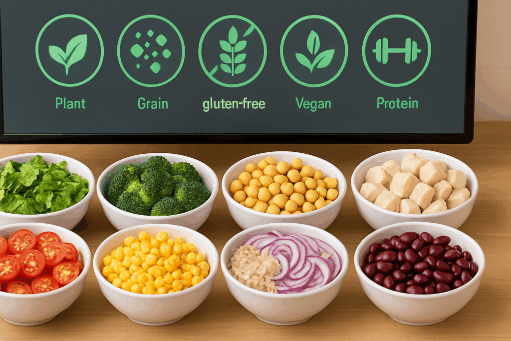 Smart and Fresh: How Healthy Salad Meal Delivery Is Transforming the Way We Eat for Wellness and Weight Loss 3 Customizable ingredients spread out for healthy salad meal delivery with plant-based proteins and dietary options