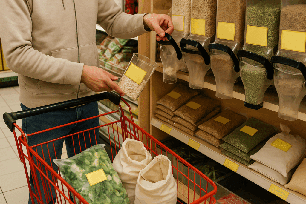Smart and Simple: Healthy Inexpensive Meal Prep Ideas to Eat Well on a Budget 3 Grocery cart with bulk oats, frozen veggies, lentils, and rice during a smart shopping trip for healthy inexpensive meal prep