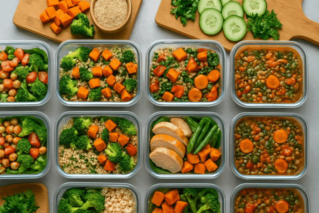 Clean Eating Meal Plan for Real Results: Weekly Strategies for a Healthier Lifestyle 3 Organized kitchen counter with meal prep containers filled with clean eating meal plan staples like quinoa and vegetables