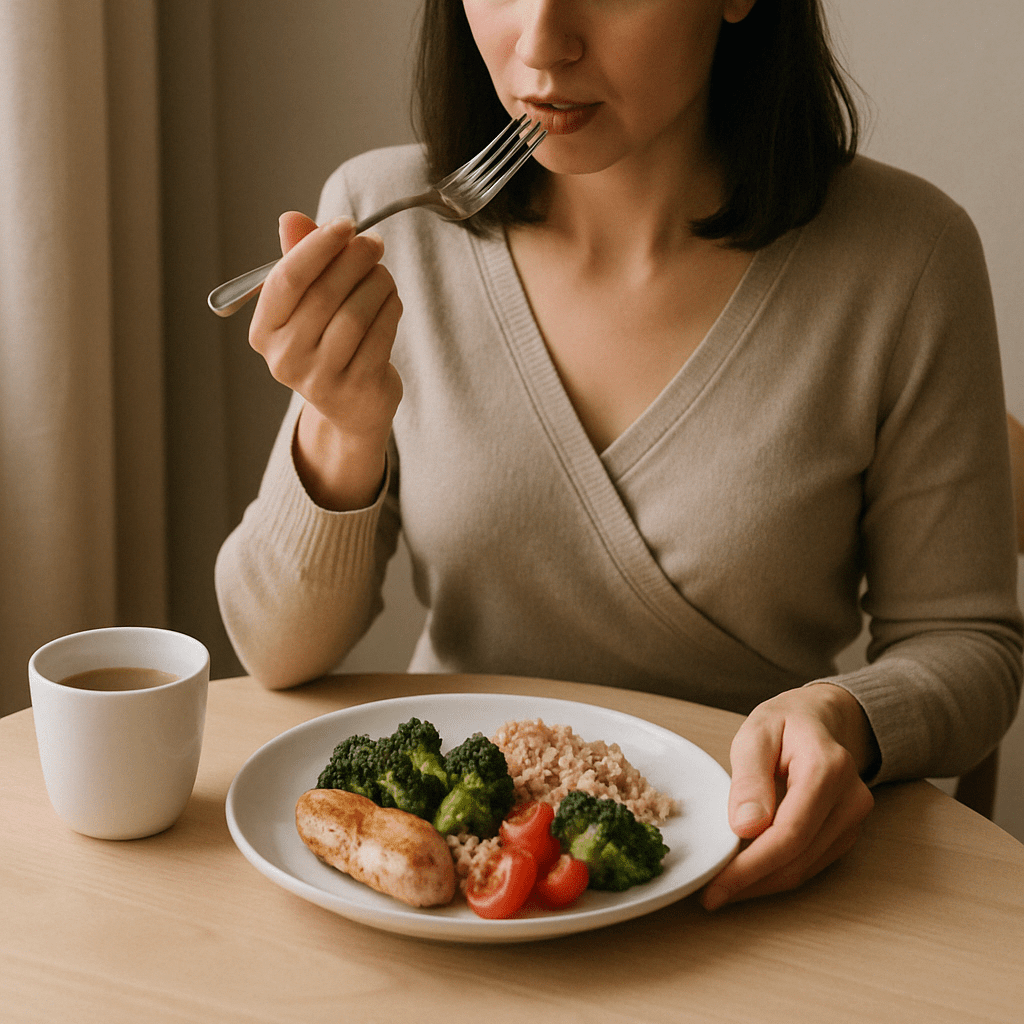 Cutting Back Eating the Smart Way: How to Reduce Calories Without Sacrificing Satisfaction or Health 3 Person eating slowly at a quiet table, demonstrating mindful habits that encourage cutting back eating naturally