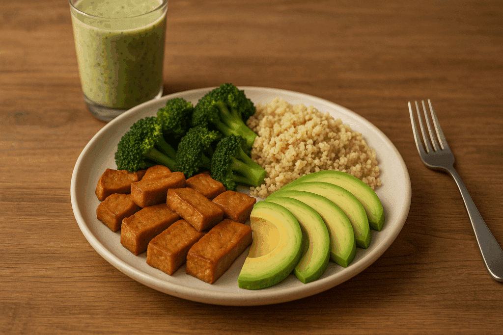 What to Eat While Cutting: Science-Backed Meal Plans to Support Fat Loss and a Healthier Lifestyle 3 High-protein cutting meal with seitan, broccoli, quinoa, and smoothie representing what to eat while cutting on a plant-based diet