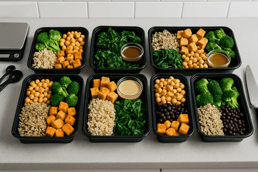 Bodybuilding Simple Meals That Work: Easy Anabolic Recipes for Strength and Growth 3 Organized weekly meal prep containers featuring modular ingredients for bodybuilding simple meals