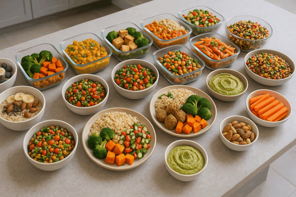 What to Eat to Build Muscle and Burn Fat: A Science-Backed Meal Plan for Strength and Healthy Weight Loss 3 Colorful plant-based meals prepped for a week illustrating what to eat to build muscle and burn fat consistently