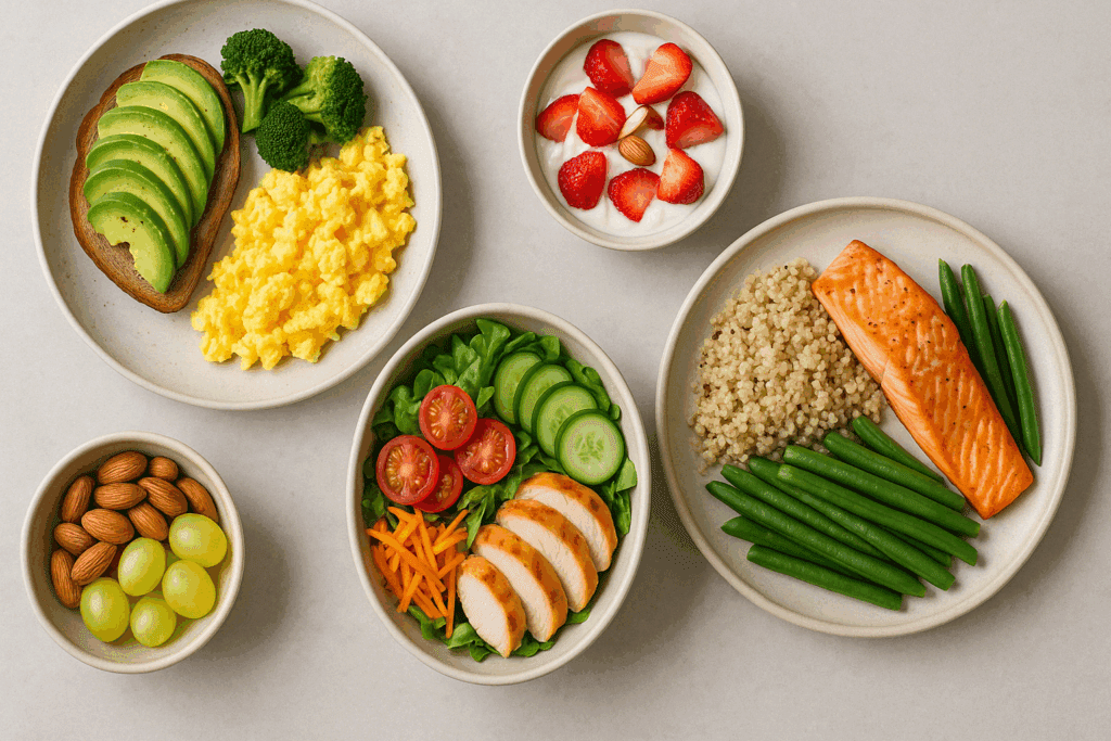 Quick Weight Loss Meal Plan Backed by Science: How to Lose Fat Fast with Simple, Healthy Meals for Real Results 3 Full day of meals arranged in sequence—breakfast to dinner—with snacks shown as part of a structured quick weight loss meal plan.