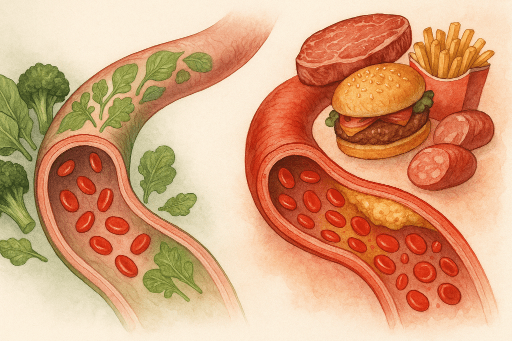 Plant Based Diet vs Standard American Diet: What the Latest Studies Reveal About Long-Term Health Outcomes 4 Artistic depiction of healthy vs clogged arteries to show heart health differences in plant based diet vs Standard American Diet