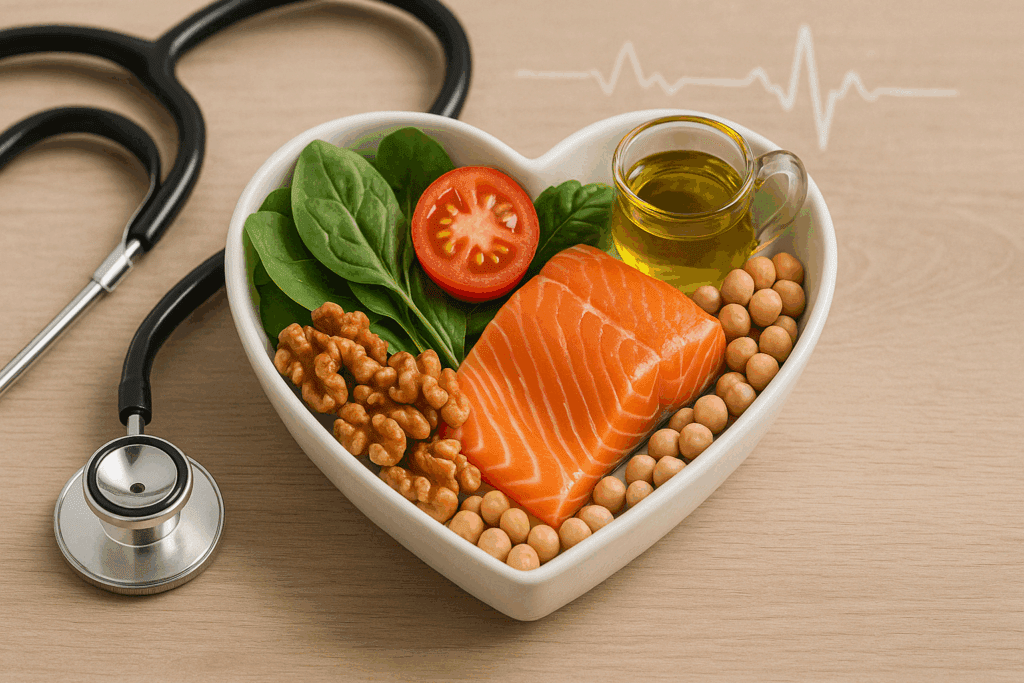 How to Start a Mediterranean Diet: A Heart-Healthy, Plant-Forward Guide to Long-Term Wellness 4 Heart-shaped bowl filled with salmon, greens, walnuts, and olive oil promoting heart health and how to start a Mediterranean diet