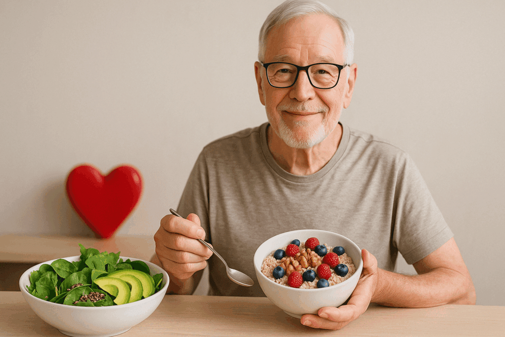 Best Plant-Based Eating Habits for a Healthy Diet in Senior Vegetarian Men: How a Veggie-Heavy Diet Supports Aging Well 4 Heart-healthy vegetarian meal featuring oats, greens, and seeds illustrating the Best Plant-Based Eating Habits for a Healthy Diet in Senior Vegetarian Men