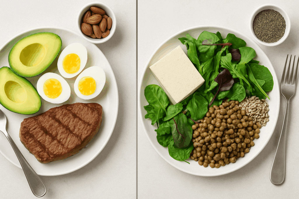 Best Low Calorie High Protein Foods for Weight Loss: What to Eat for Fullness and Results 3 Side-by-side plates comparing keto and plant-based meals featuring the best low calorie high protein foods for weight loss