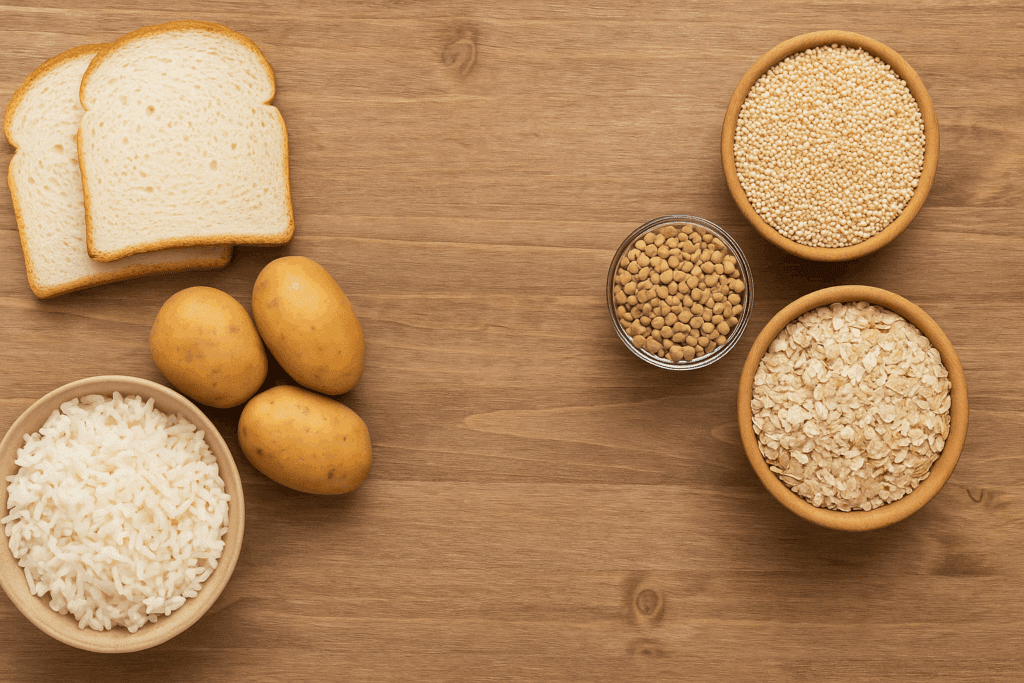 How a Low Glycemic Mediterranean Diet May Help Reduce Insulin Resistance: What the Science Says 4 Meal prep containers with legumes, grains, and vegetables based on a low glycemic Mediterranean diet plan.