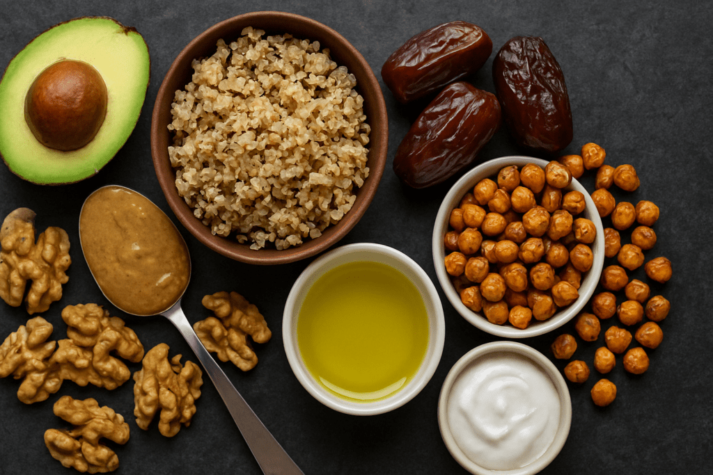 High Calorie Foods for Weight Loss: How Plant-Based Choices Can Help You Gain Healthfully 6 "Conceptual image of human metabolism surrounded by high calorie foods for weight loss like seeds, grains, and healthy fats"